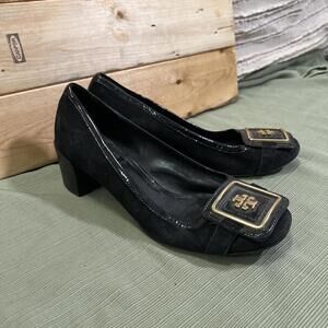 Tory Burch Black Suede Block Heel Pumps with Gold Logo Buckle